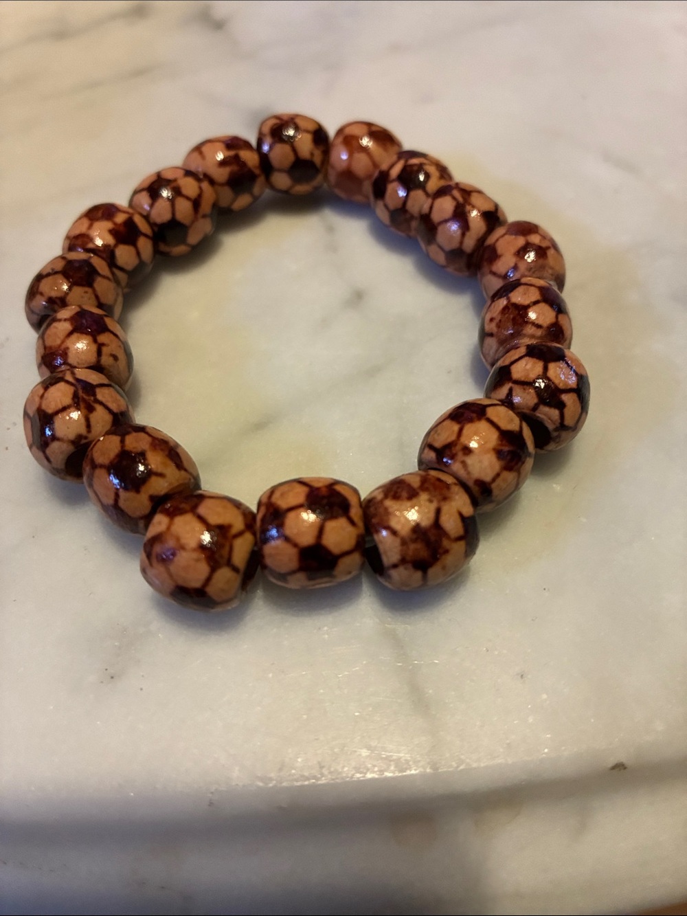 Brown Soccer Patterned Bead Stretch Bracelet